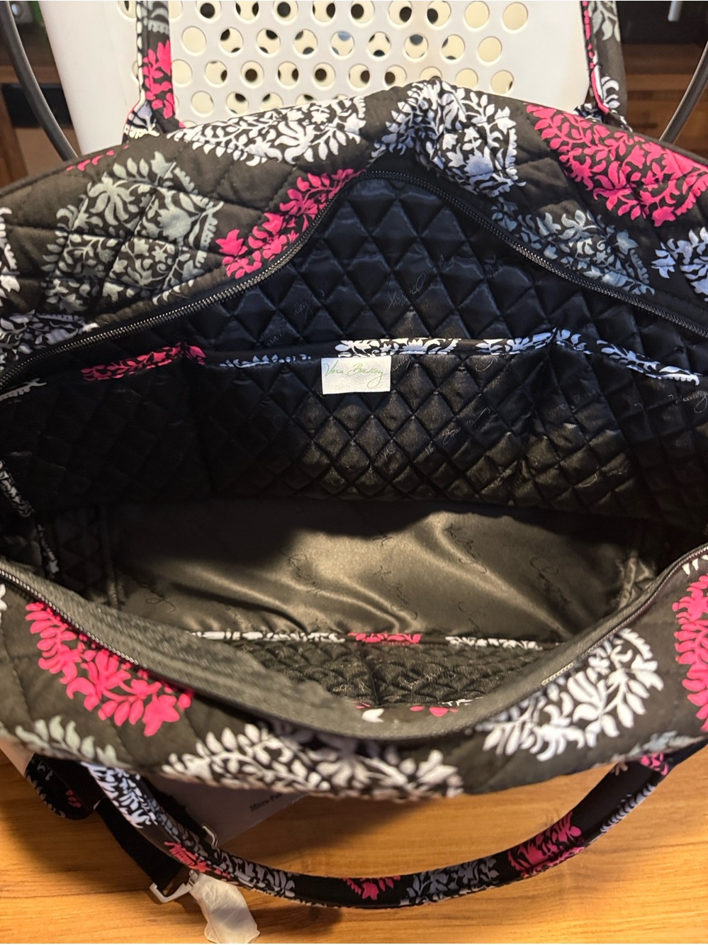 VERA BRADLEY Black Quilted Travel Bag with Pink & Gray Floral Medallions - Picture 4 of 6